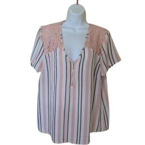 Short Sleeve Peach and White Blousy V-Neck Top Size XL